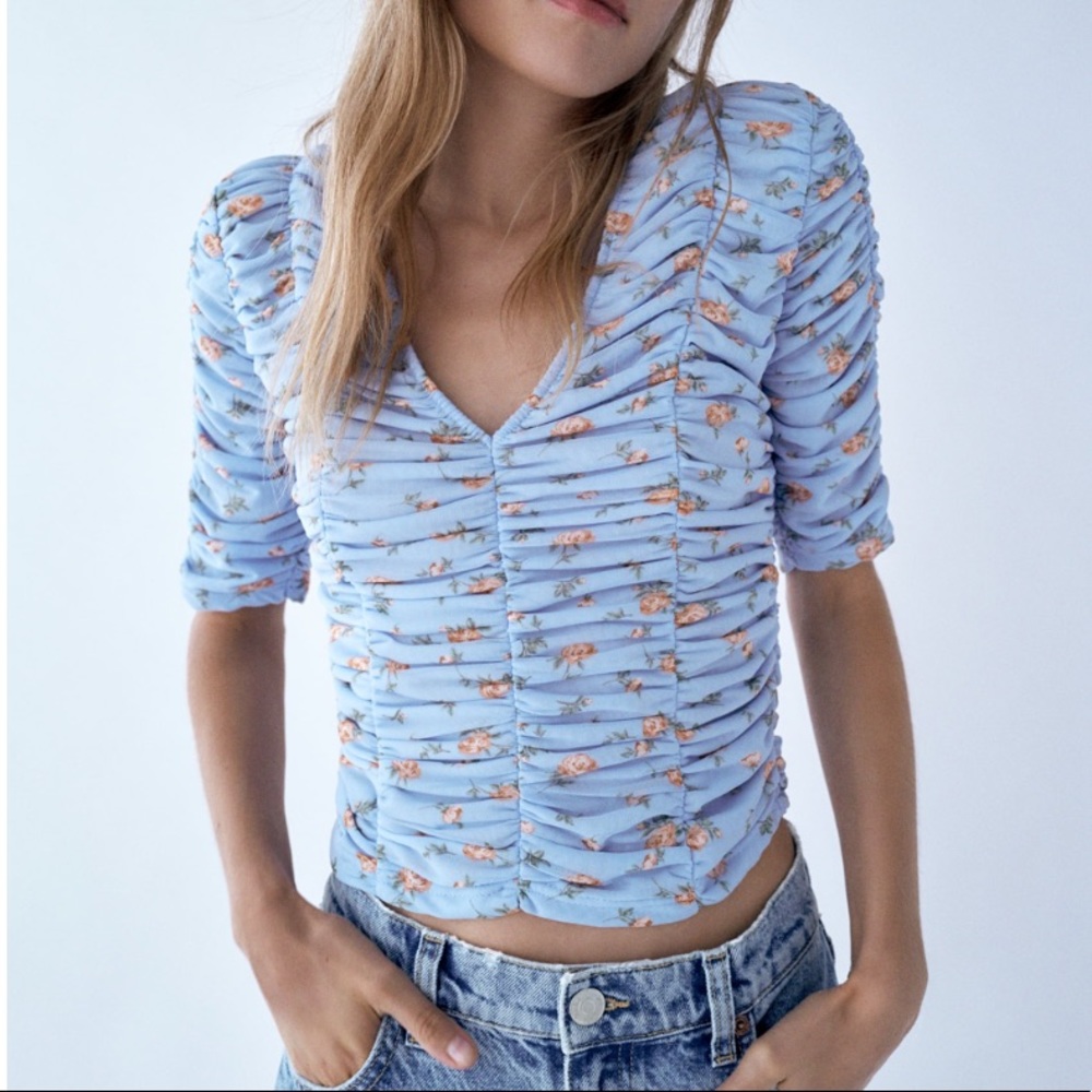 NWT Zara Tulle Floral Print V-Neck Top